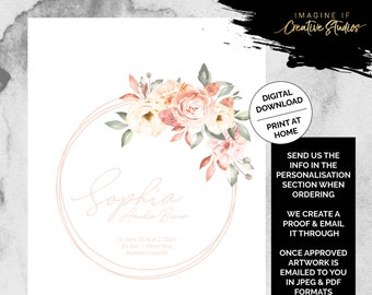 Blush Floral Wreath Nursery Birth Print | Digital Download | Personalised | Printable | Birth Detail Print | Print at Home | DIY Printing