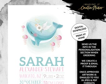Cute Whale Nursery Birth Print | Digital Download | Personalised | Printable | Birth Detail Print | Print atHome | DIY Printing