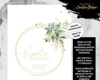 Olive Floral Wreath Nursery Birth Print | Digital Download | Personalised | Printable | Birth Detail Print | Print at Home | DIY Printing