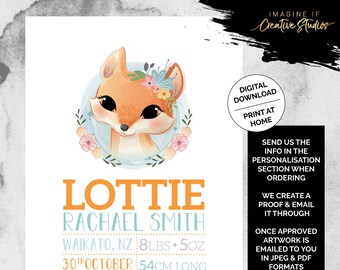 Cute Fox Nursery Birth Print | Digital Download | Personalised | Printable | Birth Detail Print | Print atHome | DIY Printing