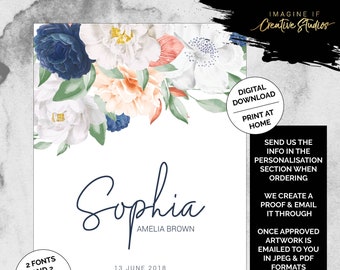 Navy/Apricot Floral Nursery Birth Prints | Digital Download | Personalised | Printable | Birth Details Print | Print at Home | DIY Printing