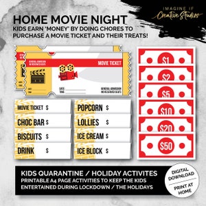 Red Home Movie Night Tickets and Money Digital Download Quarantine and Holiday Activities for Kids Printable Chores Rewards image 1