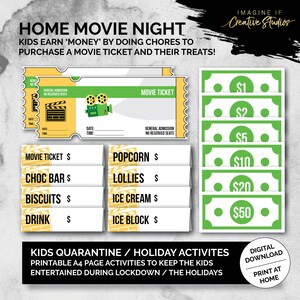 Green - Home Movie Night Tickets and Money | Digital Download | Quarantine and Holiday Activities for Kids | Printable | Chores | Rewards