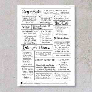 May include: Black and white printable worksheet with the text "Fairy Princess" and a whimsical illustration of a fairy princess. The worksheet includes quotes about fairies, princesses, and magic.