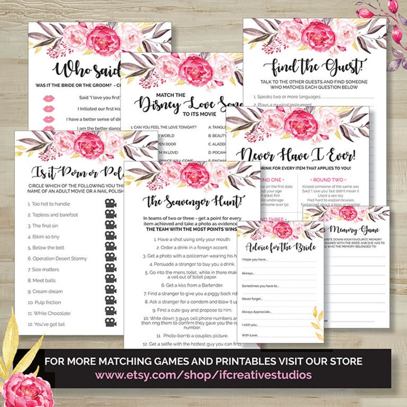 Pink Floral Never Have I Ever Drinking Game Bridal Shower