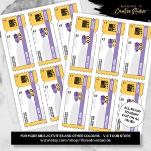 Purple Home Movie Night Tickets and Money Digital Download Quarantine and Holiday Activities for Kids Printable Chores Rewards zdjęcie 2