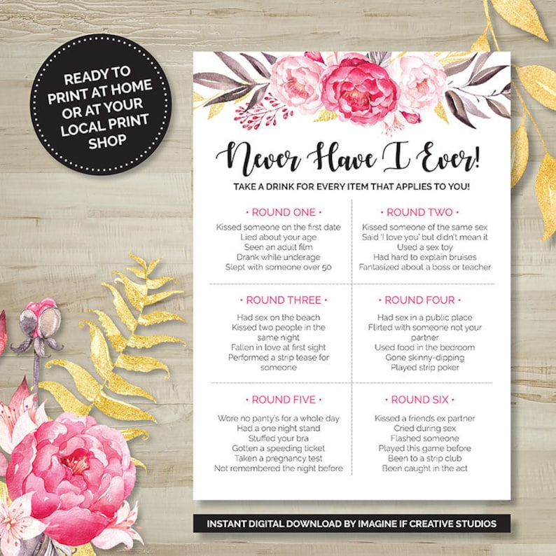 Pink Floral Never Have I Ever Drinking Game Bridal Shower