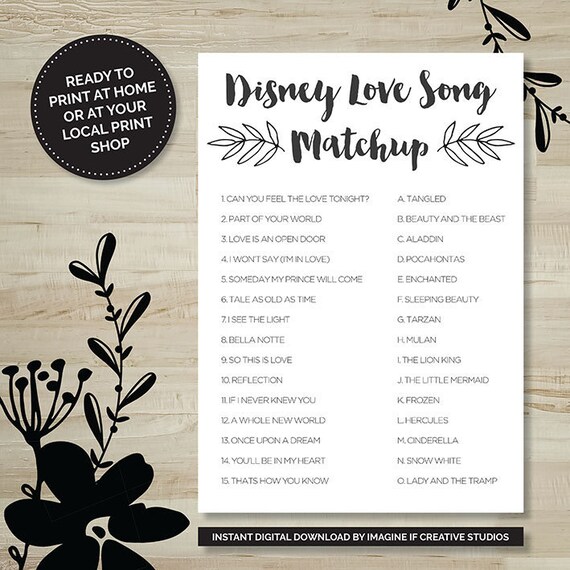 Disney Love Song Matchup Hens Party Bridal Shower Etsy