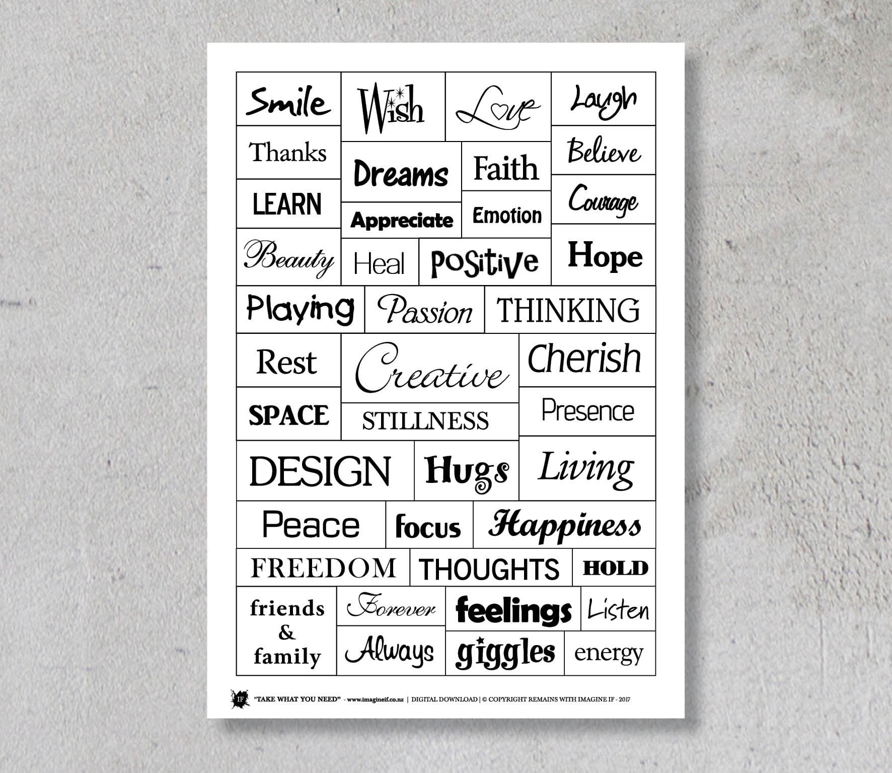 Take What You Need - Single Descriptive Words - Scrapbooking/card Making  Quote Sheet **DIGITAL DOWNLOAD** - Etsy, image size:1772x1535