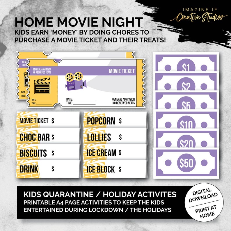 Lila Home Movie Night Tickets und Geld Digitaler Download Quarantäne und Urlaubsaktivitäten für Kinder Druckbar Hausarbeiten Belohnungen Bild 1