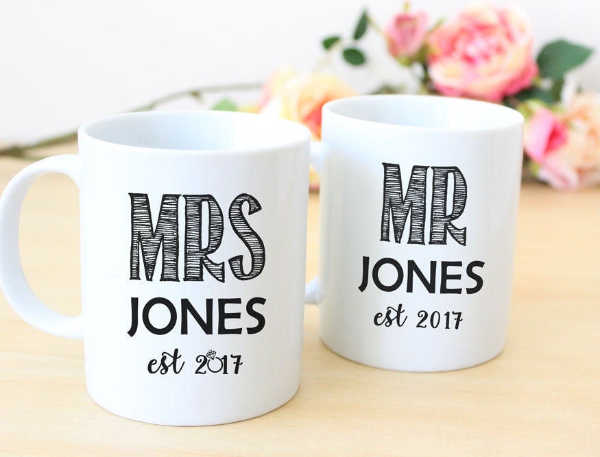 Mr et Mrs Tasses à Café de Mariage, Mugs Personnalisés Coffret Cadeau Pour Couples Anniversaire Mari