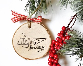 State Outline - First Christmas - Wood-burned - Christmas Tree Ornament