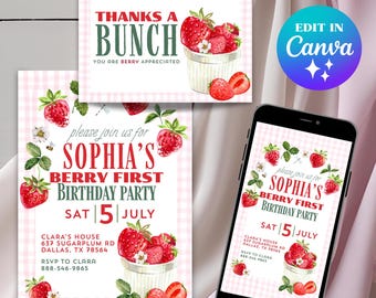 Berry First Birthday Invitation Bundle: Pink Gingham Canva Template (Digital Download