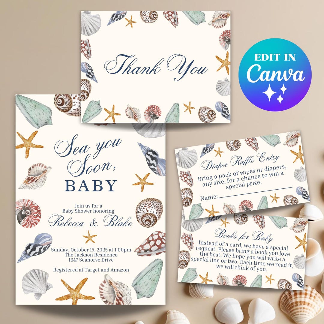 Beachy Baby Shower Invitation Bundle: Sea You Soon Canva Template ...
