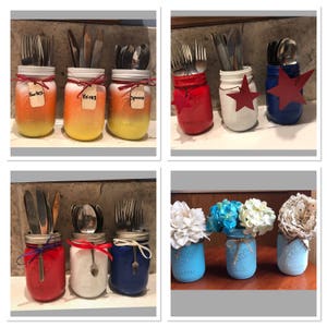 The Perfect One Of A Kind Holiday Mason Jar Utensil Holder for your Celebration! Fall Mason Jars, Fourth Of July & Memorial Day Mason Jars