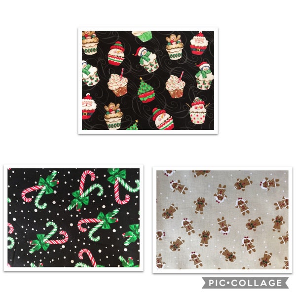 1/4 Yard Festive Holiday Fabric, Candy cane Material, Gingerbread Material, Holiday Cupcake Material, Craft Supply, Fabric, Material