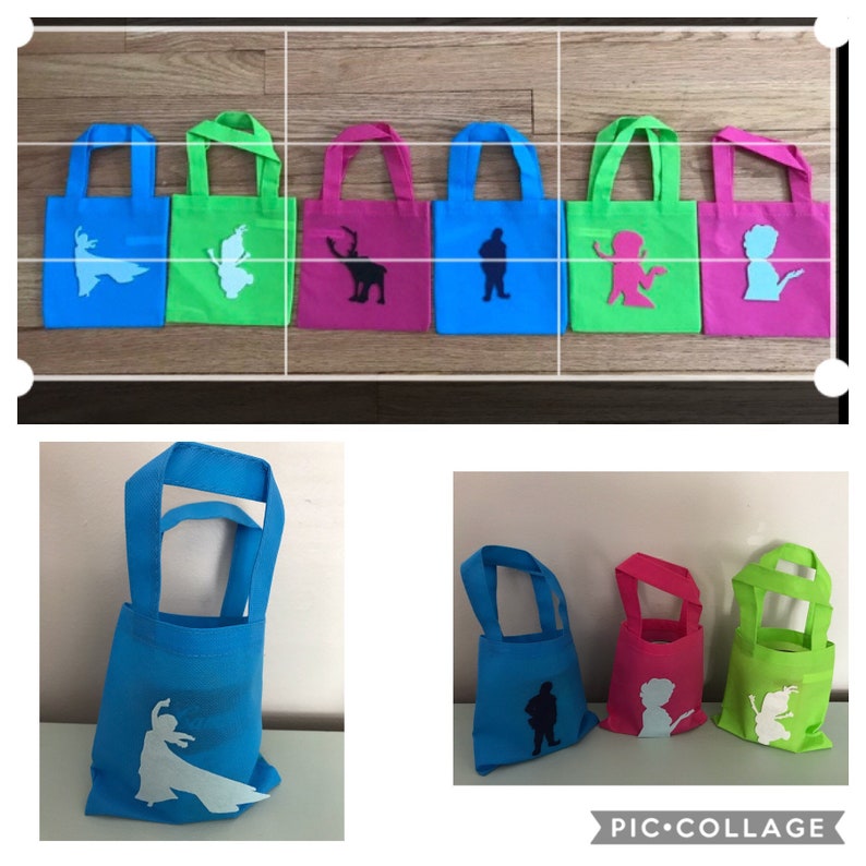 Puede incluir: Conjunto de ocho peque&ntilde;as bolsas de tela azul, verde y rosa con siluetas de personajes impresas en ellas. Los personajes incluyen un reno, un mu&ntilde;eco de nieve, una ni&ntilde;a con el pelo largo y un ni&ntilde;o con el pelo corto. Las bolsas tienen asas blancas y son perfectas para favores de fiesta o peque&ntilde;os regalos.