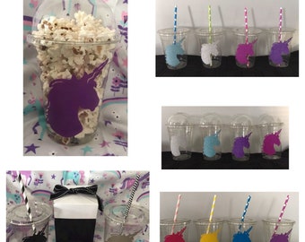 Copas de unicornio, Copa de favor de fiesta de unicornio, Baby Shower de unicornio, Productos de fiesta de unicornio, Copas de unicornio con tapas y Copas de golosinas de unicornio. Paquete de 12