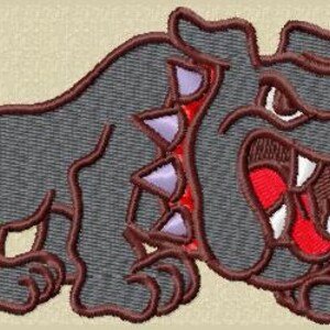 Könnte beinhalten: Eine Cartoon-Illustration eines schwarzen Bullterriers mit rotem Maul und weißen Zähnen. Der Bullterrier knurrt und hat einen stacheligen Rücken.