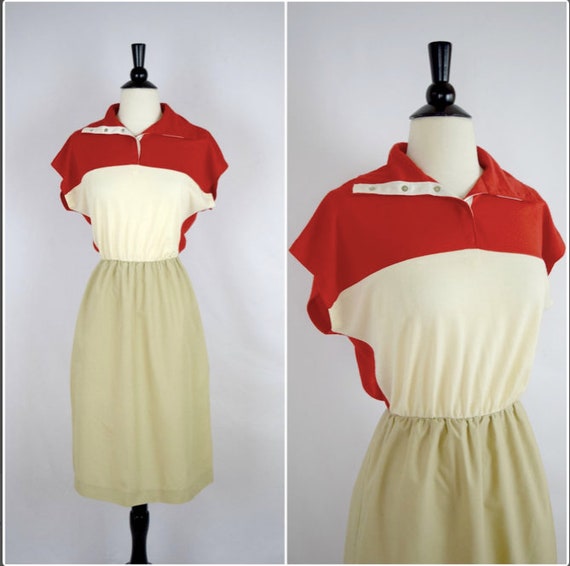 Vintage 70s retro red, white and tan dress / cap … - image 1