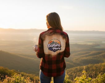 Red and black bleached flannel.  Size XS.  Explore More.
