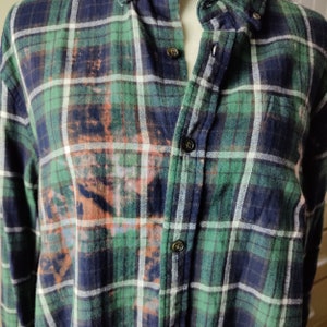 Blessed Flannel Size Large Green & Blue.  Upcycled Flannel. Vintage Flannel. Recycled Flannel.  Bleached Flannel.