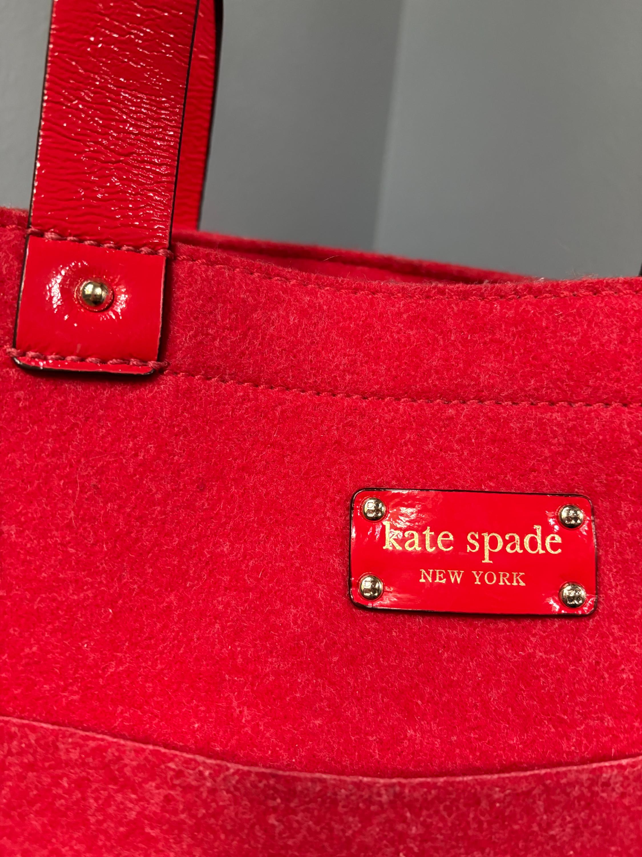 Vintage 90s Red Wool Hot Pink Patent Leather Kate Spade Tote Bag
