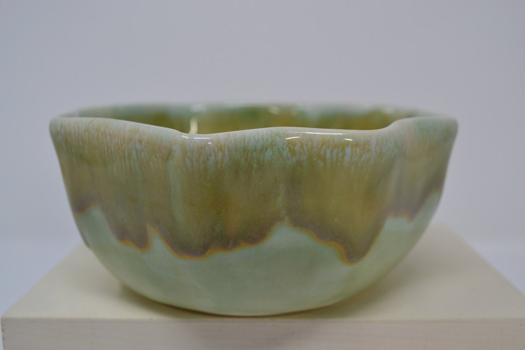 Handmade Fluted Rim Bowl in Minty Green With Drips of Bronzes Etsy