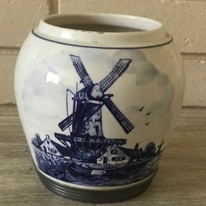 vintage Porcelain, Delftware Windmill Spice jar, Hand painted and Marked, made in Holland.