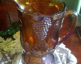 Vintage 1970s Indiana Harvest Gold Carnival glass Pitcher,Grape Motif, Carnival Glass. home decor. Home and living, collectibles