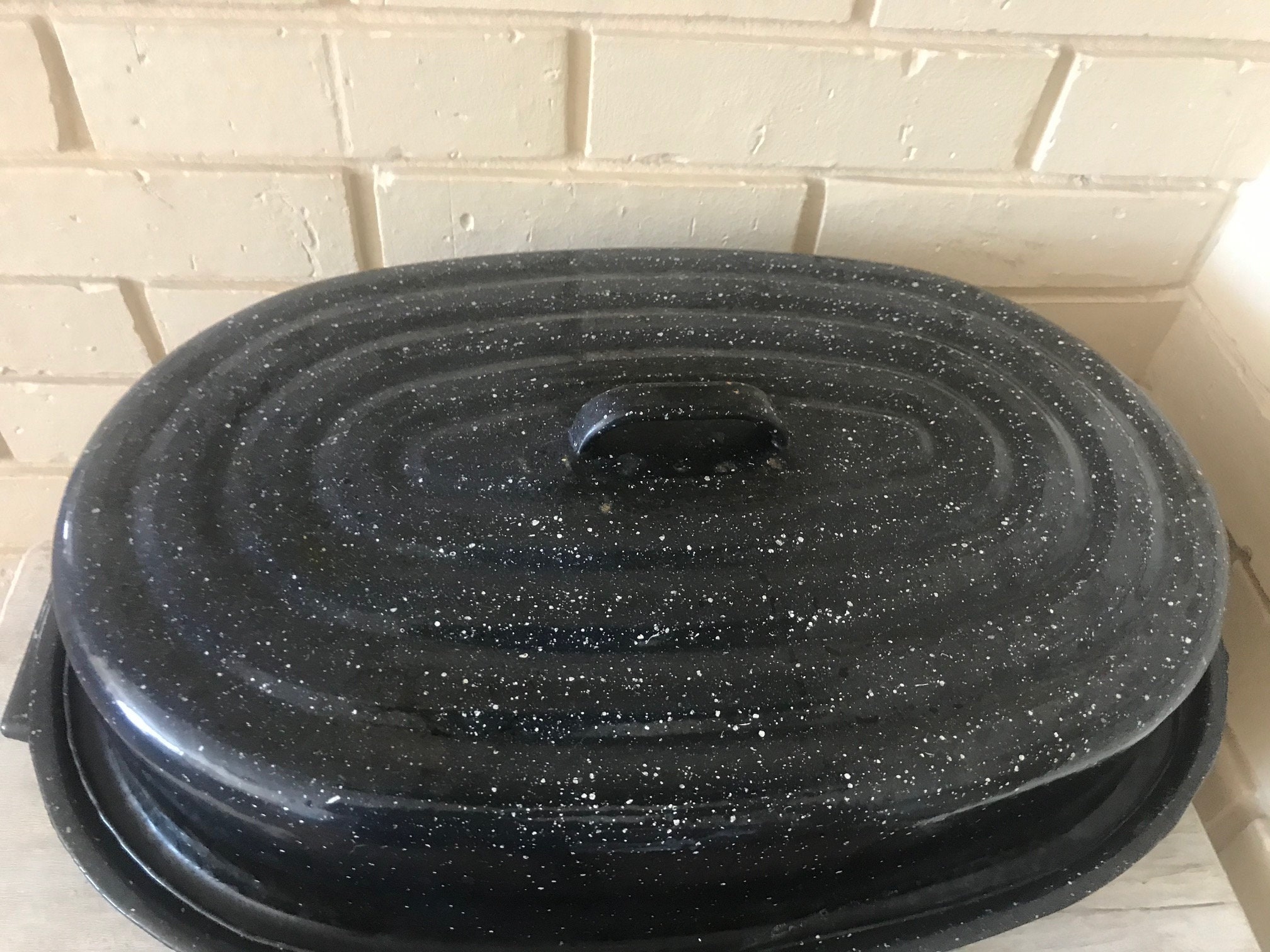 Vintage Roaster Pan , Enamelware, Blue With White Specks, Oval Oven