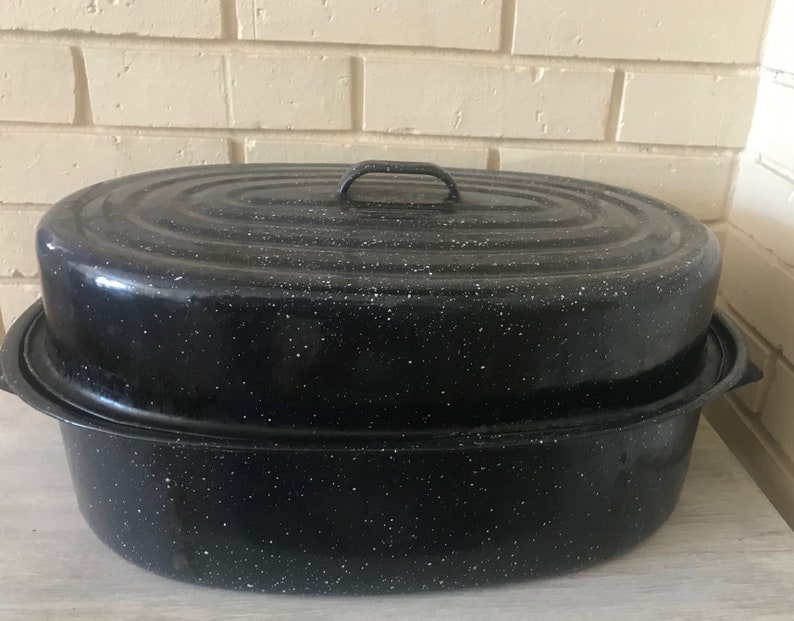 Vintage Roaster Pan , Enamelware, Blue With White Specks, Oval Oven