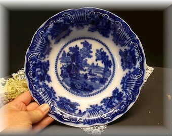 Vintage 1800's Flow Blue Bowl, Fairy Villas Pattern.Manufactured by W. Adams English   Co. Home and Living,  Flow Blue  Stoneware