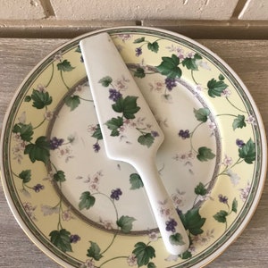 Vintage Cake Plate set,fine porcelain by Andrea, grape leaves with grape pods, cake plate and matching server, on white ,yellow background,