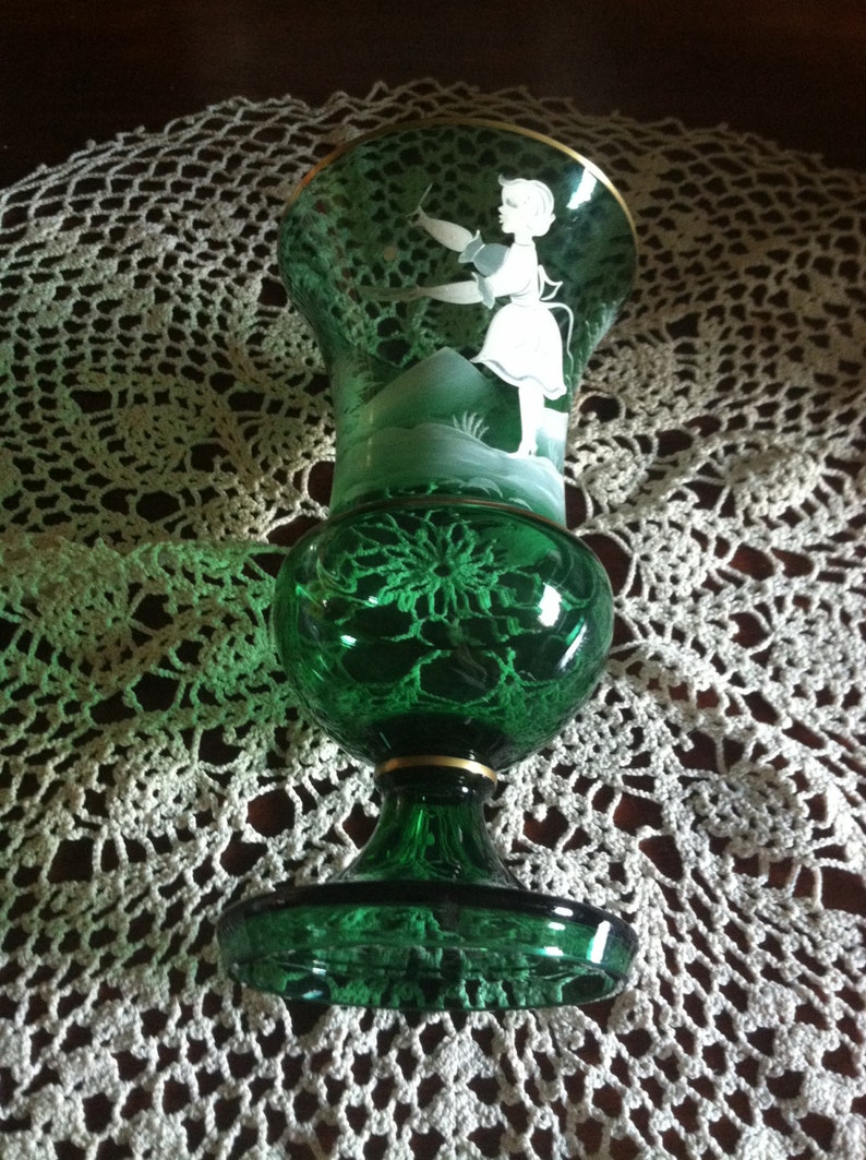 Vintage Mary Gregory Vase, Emerald Green, Young Girl Painting a White ...