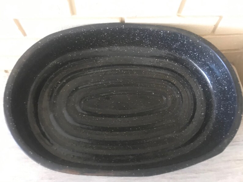 Vintage Roaster Pan , Enamelware, Blue With White Specks, Oval Oven