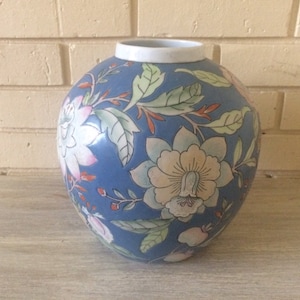Vintage Ceramic Chinoiserie Vase,Hand Painted floral Vase, made in China  and signed, ceramic Floral vase,