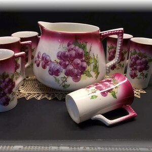 Vintage China water pitcher and six cups / mugs, over 100 years old, purple grape pattern.fine old china, Home and Living, Collectibles.