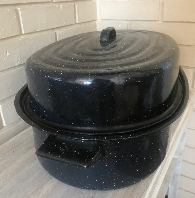 Vintage Roaster Pan , Enamelware, Blue With White Specks, Oval Oven