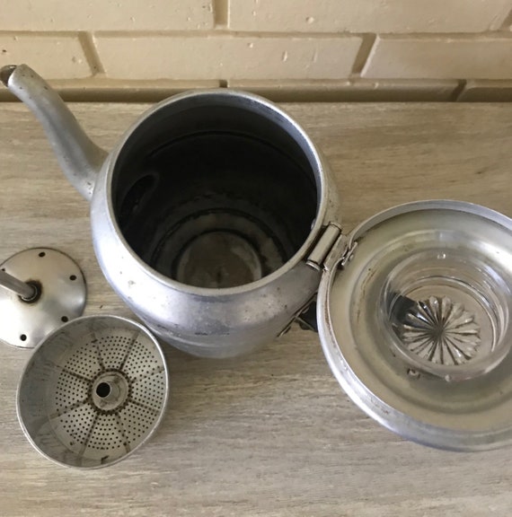 Antique Aluminum Coffee Pot With Wood Handle. Duck Mouth Spout