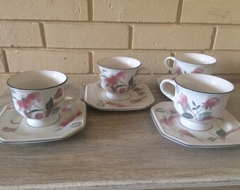 Vintage Mikasa Silk Flowers cup and saucer sets, set of four Mikasa teacups and saucers,Silk Flowers.Continental F3003.  Collectibles.