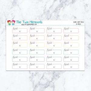 Puede incluir: Una hoja de pegatinas de planificación en colores pastel con la palabra «Work» y el número «10» dentro de cajas rectangulares. La parte superior de la hoja tiene el texto «The Twin Mermaids» y «WORK SCRIPT BOXES IN PASTEL».