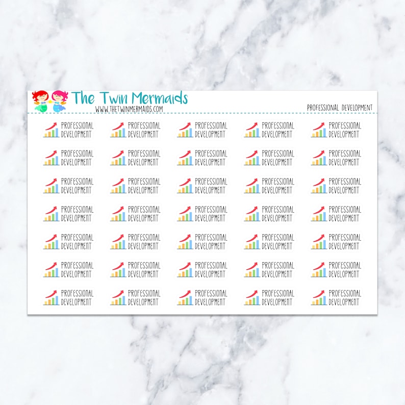May include: Sheet of stickers featuring the text "Professional Development" with a colorful upward trending graph icon. The stickers are white with a light blue border and the text "The Twin Mermaids" at the top.