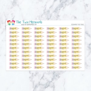 May include: Sheet of stickers featuring pencil-shaped designs with the text "Assignment Due." The pencils are in shades of yellow, pink, and purple. The text "The Twin Mermaids" and their website are at the top.