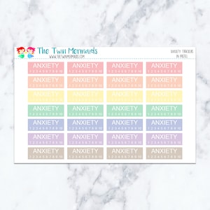 May include: Sheet of pastel-colored anxiety tracker stickers. Each sticker has the word "ANXIETY" and a numbered scale from 1 to 10. The stickers are in shades of pink, yellow, green, blue, and tan. Text at the top reads "ANXIETY TRACKERS IN PASTEL".