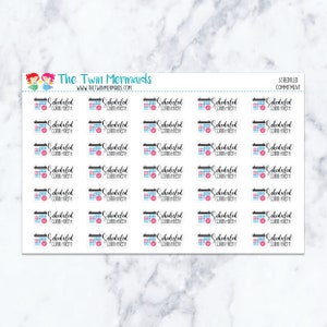 May include: Sheet of stickers featuring a calendar icon with a checkmark, the words "Scheduled Commitment," and the logo of "The Twin Mermaids." The stickers are in black, pink, and blue, with a white background and a marble-patterned surface.