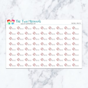 May include: Sheet of baseball-themed stickers. Each sticker features a baseball with red stitching and the word "Practice" in black. The sheet also includes the text "The Twin Mermaids" and "Baseball Practice".