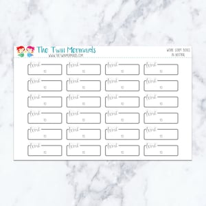 Puede incluir: Hoja de pegatinas blanca con casillas de texto negras con la palabra "word" y el número "10". La parte superior de la hoja tiene el texto "The Twin Mermaids" y "WORK SCRIPT BOXES IN NEUTRAL".