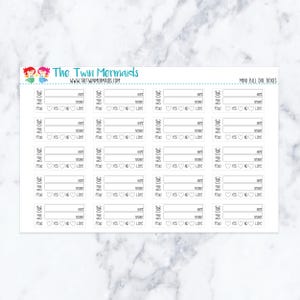 May include: White sticker sheet with multiple mini bill due boxes. Each box includes fields for name, amount, and a paid status with yes, no, and late options. The Twin Mermaids logo is at the top.