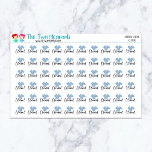 May include: Sheet of stickers with the text "Clinical" in a handwritten font, repeated multiple times. Each word is paired with a light blue scrub top graphic. The top left corner has the text "The Twin Mermaids" and the website address.